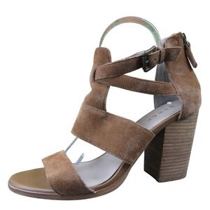Hinge Cora Women's 8 Brown Suede Block Heel Sandals Strappy Open Toe